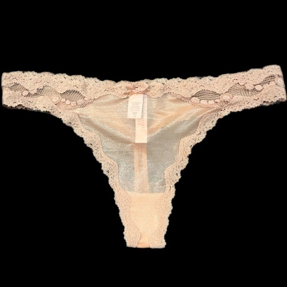 Victoria’s Secret Dream Angels Shine Mesh lace trim Thong Panty Beige Large